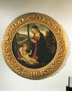 Madonna og barn med St. John (olie på panel) af Master of the Miller Tondo (attr. to)
