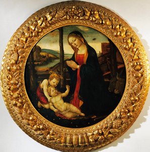 Madonna og barn med spædbarnet Saint John the Baptist, maleri tilskrevet mesteren af Tondo Miller (slutningen af det 15. århundrede). af Master of the Miller Tondo (attr. to)