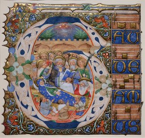 Historik initial med Jomfruens Død. Mester af Murano Gradual. Ca 1420 (pergament)