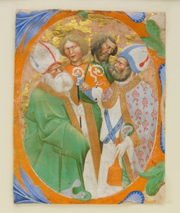Manuskriptbelysning med fire hellige i et indledende O, fra en korbog, 1440-50.