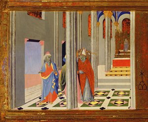 St. Ambrosius nægter romersk kejser Theodosius I den Store adgang til kirken i Milano, 1436 tempera på paneldetalje af 741548
