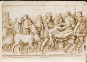 Verso: The Return of Meleager, fra en romersk sarkofag, Palazzo Barberini, Rom, ca. 1512-17 (pen og brunt blæk med brun vask) af Master of the Oxford Album