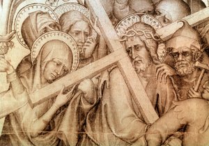 Narbonnes parement: Kristus, der bærer sit kors (grisaille på silke af Master of the Parement of Narbonne