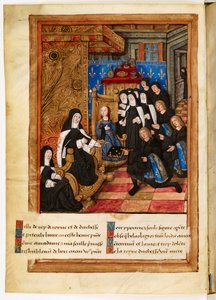 Mindeord og advarsel om Madame Anne (...) hertuginde af Bretagnes død (...): dedikationsminiature, der viser forfatteren Pierre Choque, som giver sit værk til dronning Anne af Bretagne, der udpeger Claude som sin arving. af Master of the Paris Entries
