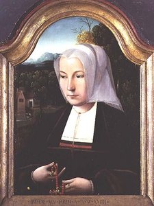 Portræt af en dame, der holder en rosenkrans af Master of the Parrot