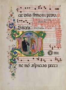 Manuskriptblad med Sankt Benedikt, der genopliver en dreng i et indledende D, fra et antifonarium.