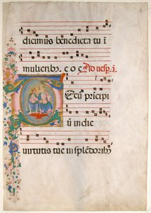 Manuskriptblad med treenigheden i et indledende T, fra et antifonarium, anden halvdel af 1400-tallet.