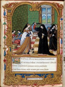 Margarita af Angoulema (1492-1549) Dronning af Navarra præsenterer sin bog til hertuginden af Etampes og favorit af Francois I Anne Pisseleu. Side taget fra manuskriptet "" La coche ou Debat d