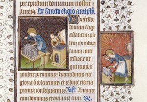 Ms 62 f.215r St. Eligius laver en helligdom; St. Eligius ved en Ambolt, fra en Timebog