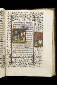 Ms 62 f.215r St. Eligius laver en helligdom; St. Eligius ved en ambolt, fra en timebog, ca. 1445-50 (vellum)