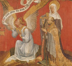 Panel fra en diptykon, der forestiller bebudelsens engel, donoren og en kvindelig helgen, muligvis St. Mary Magdalene, ca. 1420