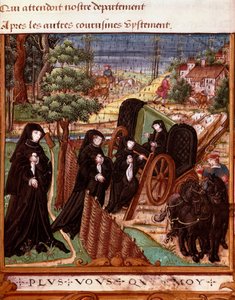Repræsentation af dronningen af Navarra Margarita af Angoulema (1492-1549) omgivet af hendes kammerater, der går ombord på en vogn for at gå en tur"" Side taget fra manuskriptet "" La coche ou Debat d