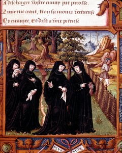 Repræsentation af dronningen af Navarra Margarita af Angoulema (1492-1549) taler med sine ledsagere. Side taget fra manuskriptet "" La coche ou Debat d