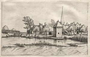 Udsigt over landsbyer i Brabant og Campine: A Moated Village, ca. 1561. af Master of the Small Landscapes