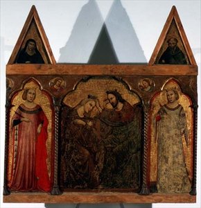Triptykon: Jomfruens kroning flankeret af to helgener (tempera på panel) af Master of the Urbino Coronation