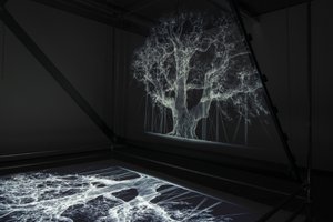 Albion, 2017 (Projektor, medieafspiller, stillads, transparent film, træ, maling, spejl, tilbehør til udspænding) af Mat Collishaw