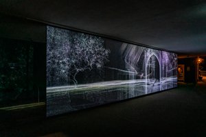 Echolocation, 2021 (3-kanals videoprojektion på polypropylen-net) af Mat Collishaw