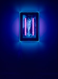 Ultraviolet Angel, 2008 (Ultraviolet blæk på plexiglasboks, 2 ultraviolette neonlys) af Mat Collishaw