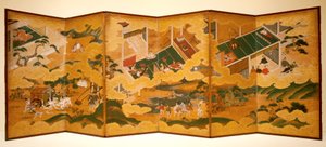 Tales Of Genji, ca. 1650 (blæk, farve og bladguld på papir, seksdobbelt skærm) af Matabei Iwasa