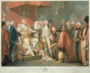 Hans Majestæt og statsembedsmænd modtager den tyrkiske ambassadør og jakkesæt, graveret af Daniel Orme (1767-p.1832), udgivet af Edward Orme, 1797 (stiplet stik) af Mather Brown