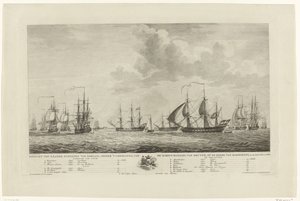 Hollandsk krigsflåde ud for Rammekens, 1782-1783 Udsigt over de nationale krigsskibe under kommando af kontreadmiralen van Kruyne på Rammekens rede i den Jaare 1782 og 1783 (titel på objekt)