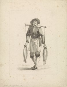 Fiskehandler fører fisk på et åg af Mathias de Sallieth