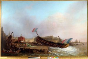 Kejser Napoleon I (1769-1821) og Imperatrix, omgivet af kongen og dronningen af Westfalen, der overværede søsætningen af det 80-kanoners skib The Friedland”, i Antwerpens arsenal, den 2/05/1810”” Skibsværft i det 19. århundrede. Maleri af Mathieu Ignace