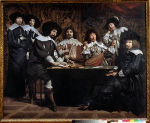 Amatørmøder eller akademi Genforening af kunstnere og intellektuelle. Maleri af Mathieu Le Nain (Lenain) (1607-1677) 1600-tallet søn. 1,16x1,46 m Paris musee du Louvre