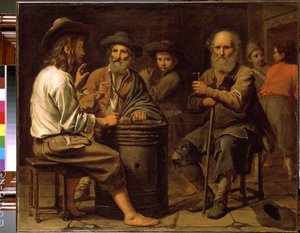 Bønder i en kro. (Bønder i et værtshus). Tre mænd ved bordet drikker vin og spiser ost serveret af en ung dreng på en tønde. Maleri af Mathieu Le Nain (1607-1677), ca. 1640. Olie på lærred. Eremitagemuseet, Sankt Petersbou