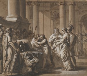 Scene fra romersk historie, der skildrer en yngling, der modtager rustning fra en døende..., slutningen af det 18.-midten af det 19. af Mathieu Van Brée