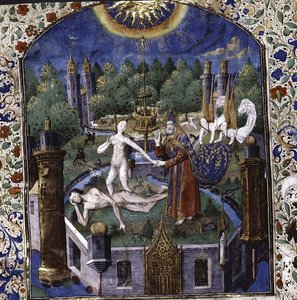 Skabelsen af Eva fra den sovende Adams krop Fra De cleres et nobles femmes af Giovanni Boccaccio, 1450-1475
