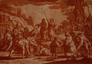 Israelitterne samler manna, illustration fra en bibel, graveret af Gabriel Bodeneer (1673-1766) (sepia-stikning) af Mattaus II (after) Merian
