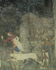 Mænd på jagt med hunde, detaljer af dekorativt skema fra La Chambre du Cerf Stag Room 1347 fresco