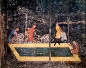 Scene for fiskeri nær en brønd. (Fresco