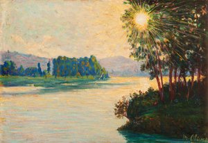 Opgående sol på floden (olie på panel) af Matteo Pietro Olivero