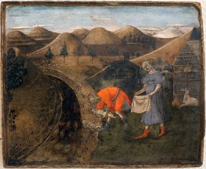 Legenden om Romulus og Remus: Legenden om Romulus og Remus. Maleri af Matteo di Giovanni (1430-1495), trykt på træ, 29,5 x 35 cm. Italiensk kunst 1400-tallet. Libourne Museum of Fine Arts.