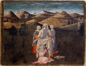 Legenden om Romulus og Remus: Rhea Silvias fødsel. Maleri af Matteo di Giovanni (1430-1495), detempe på træ, 27,9 x 35,7 cm. Italiensk kunst 1400-tallet. Musee des Beaux Arts de Libourne.