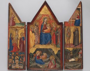 Madonna og barn tronet med hellige... og under fødselsfødselen..., ca. 1380-90. af Matteo di Pacino