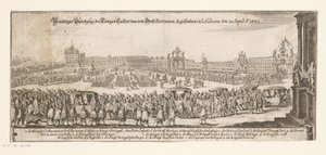 Catherines afgang fra Braganza til England, 20. april 1662 Prächtiger Durchzug der Königin Catharina von Gross Britanien, således udgivet i Lissabon den 20. april Ao. 1662 (titel på objekt) Ægteskab mellem Katarina af Bragança og den engelske kong Charles af Matthäus Merian (II)