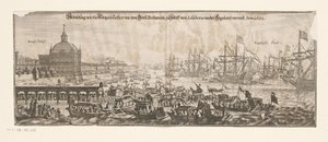 Flådens afgang med Catherine fra Bragança til England, 20. april 1662 Abbildung wie die Königin Catharina von Gross Britanien zu Schiff von Lisabona nacher rejser til England. Anno 1662 (titel på objekt) Ægteskab mellem Katarina af Bragança og En af Matthäus Merian (II)