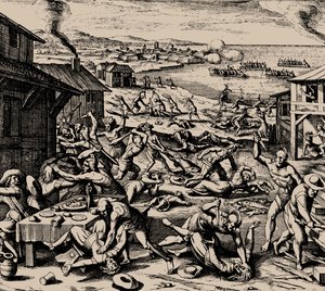 Powhatan angreb den 22. marts 1622, 1628. af Matthaus the Elder Merian