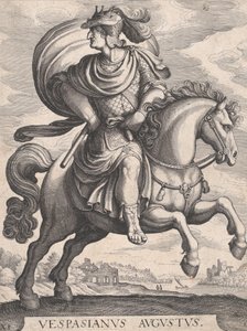 Kejser Vespasian til hest, fra serien De første tolv romerske kejsere, plade 1..., 1610-50.