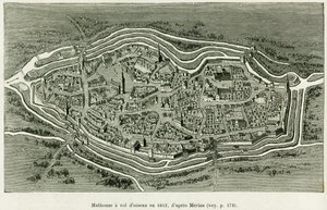 Mulhouse flyver i 1642. Indgravering af Matthaus Merian (1593-1650) for at illustrere historien A Through Alsace and Lorraine, af Charles Grad, tysk deputeret, i 1885, i tour du monde 1886, instrueret af Edouard Charton (1807-1890) , Hachette, Paris. af Matthaus the Elder (after) Merian