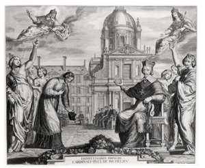 Robert de Sorbon (1201-94) og kardinal Richelieu (1575-1642) foran Sorbonne, indgraveret af Gregoire Huret (1606-70) 1639