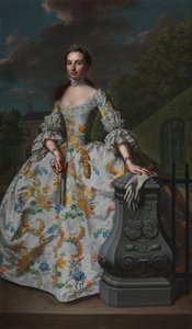 Portræt af Charlotte Beatrix Strick van Linschoten Portræt af Charlotte Beatrix Strick van Linschoten (f. 1732), Gerard Cornelis van Riebeecks anden hustru, formentlig stående foran sit landsted Eemwijck i Voorburg