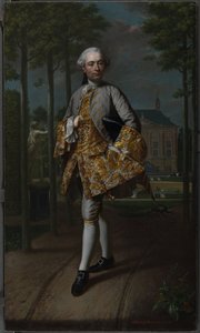 Portræt af Gerard Cornelis van Riebeeck Gerard Cornelis van Riebeeck (1722-1759), sekretær i Delft, antagelig stående foran sit landsted Essensteyn ved Voorburg