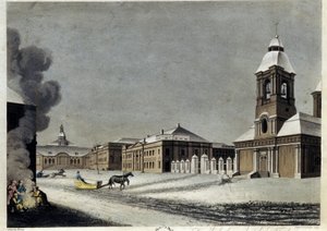 Arsenal og kanonstøberiet i Sankt Petersborg. (Arsenalet og Kanonstøberiet i Petersborg). Beskrivelse af bygninger midt om vinteren, med slæder, der glider på sneen og en gruppe individer, der varmer sig omkring et bål. Arbejde af af Matthew Dubourg
