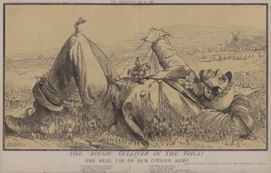 Den ru Gulliver i Arbejdet! eller, den rigtige brug af vores borgerhær (farve litho) af Matthew