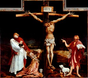 Issenheim altertavle (eller Isenheim): midterpanel, der repræsenterer korsfæstelsen - Inskription "" INRI"" på korset - Træmaleri af Mathis Neithardt Gothardt dit Matthias Grunewald (ca. 1480-1528) 1512-1516 Dim 269x307 cm Unterlinden Colmar, Muse