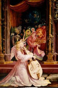 Altertavle af Issenheim (eller Isenheim): "" La Nativite"" Detalje af koncerten med Angels-musikere. Englen i midten spiller gambabratsch. Paneler af Mathis Neithardt Gothardt dit Matthias Grunewald (1480-1528) (ec.all.) 1512-1516 Dim. 265x304 cm Kol